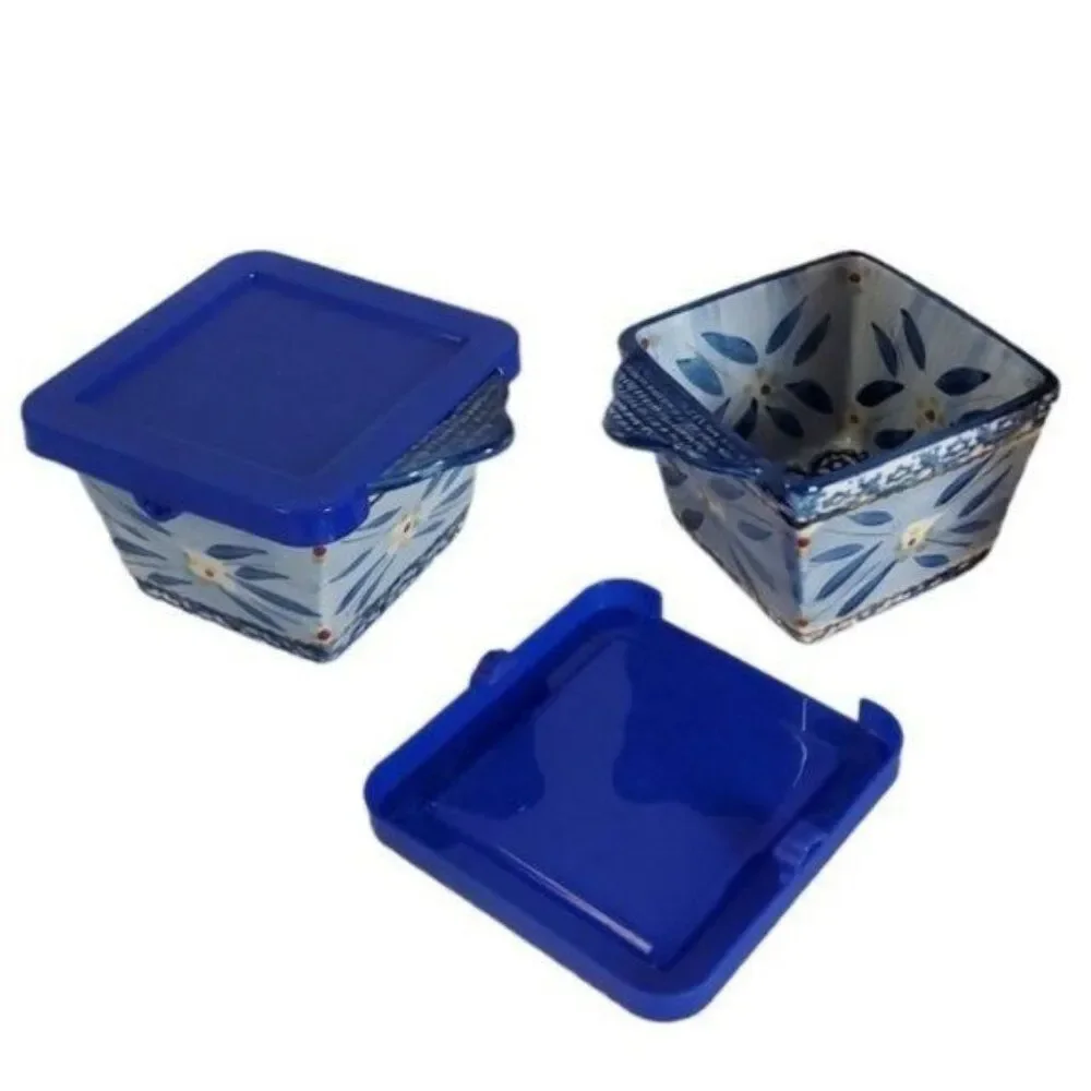Temp-tations Ramekins Old World Ovenware Bakeware Cookware 10 oz Blue Lids